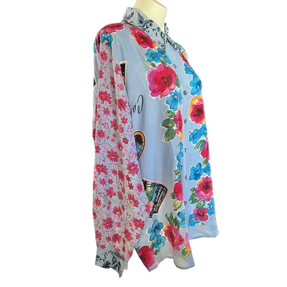 Carole Little Womens Silk Button-Up Shirt Dress 14 Island Prints Long Sleeve 80s - Picture 4 of 16